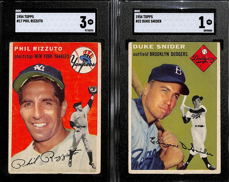 Lot of (4) SGC Graded 1954 Topps Baseball Cards Inc. #17 Phil Rizzuto (Graded 3), #32 Duke Snider (Graded 1), #37 Whitney Ford (Graded 4), #50 Yogi Berra (Graded 3.5)